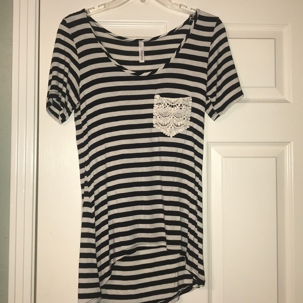 black and white stripped blouse with lace pocket